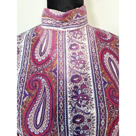 VIntage 60s 70s Mod Maroon Purple Floral Paisly Mock Neck Top Women Size S/M - Picture 6 of 9